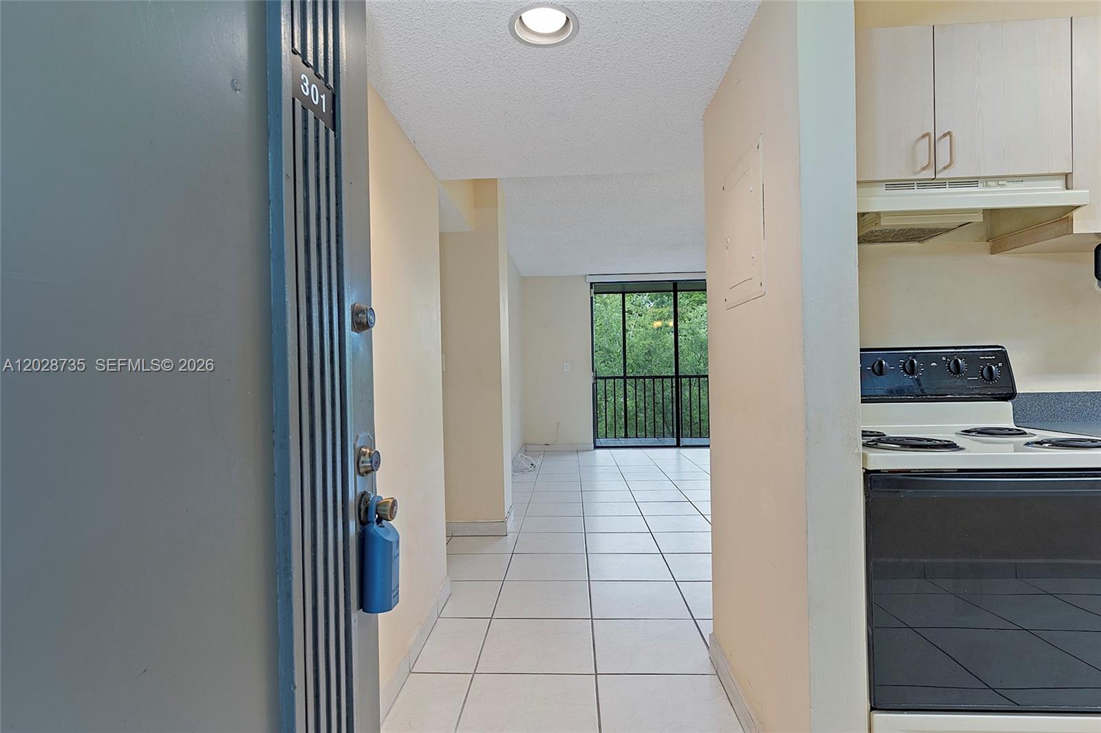 An entryway leads into a tiled living area with a balcony view and kitchen — 8760 SW 133rd Ave Rd # 301, Miami FL 33183, MIAMI, FL