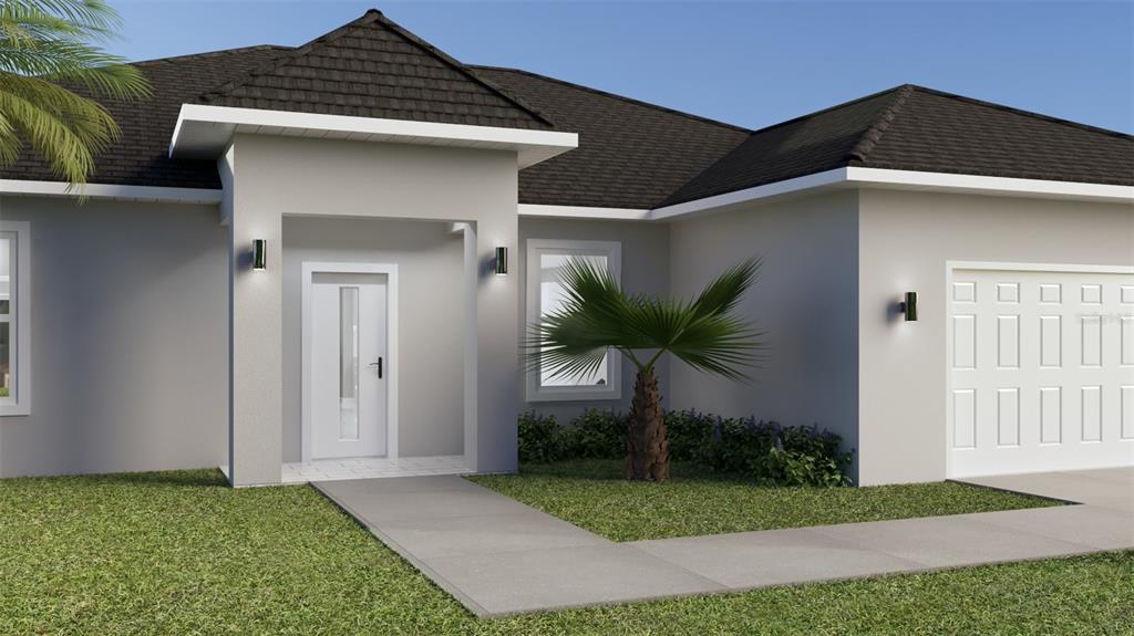 This is a digital rendering of the exterior of a single-story house with a garage — 6828 NEDA STREET, SEBRING, FL