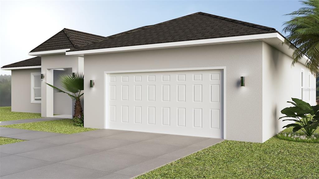 This is a digital rendering of a single-story house exterior with a two-car garage — 6828 NEDA STREET, SEBRING, FL