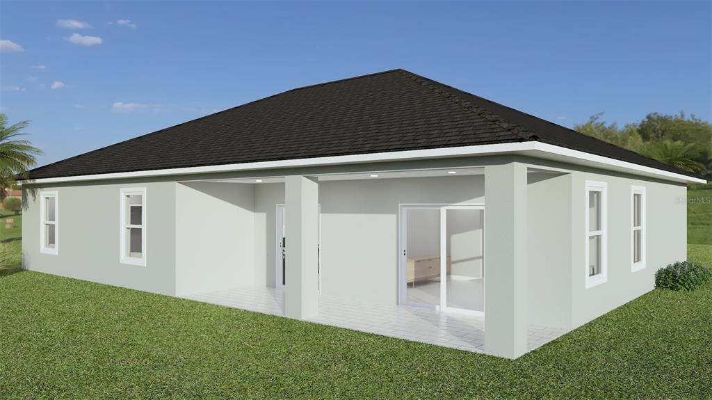 A digital rendering of the rear exterior of a house with a covered patio — 6828 NEDA STREET, SEBRING, FL