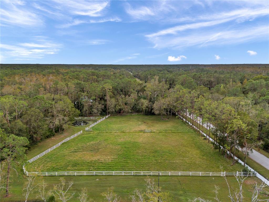 An aerial view of a fenced, grassy pasture surrounded by dense trees under a blue sky — 0 APPALOOSA ROAD, TARPON SPRINGS, FL