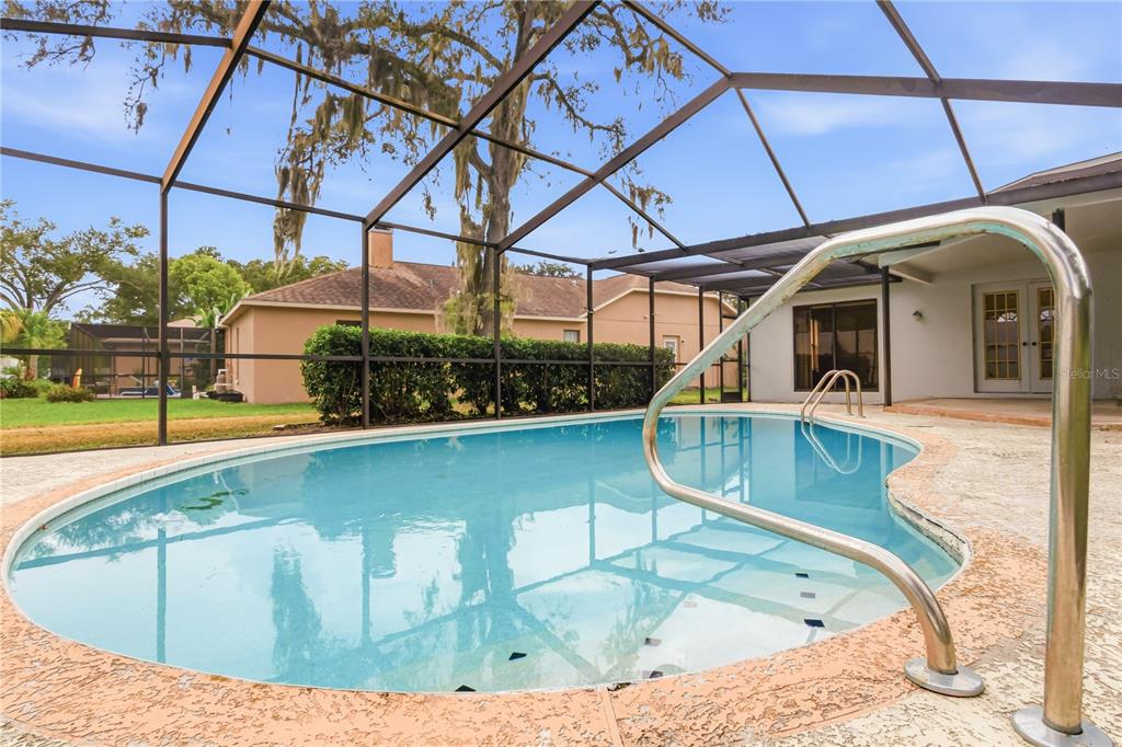 A swimming pool with a metal handrail is enclosed by a screened lanai — 9028 PAR COURT, HUDSON, FL
