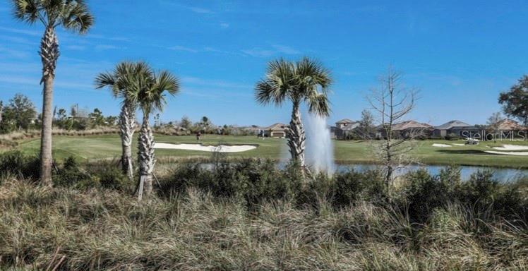 A view of a golf course with a pond, fountain, palm trees, and distant houses — 16804 VARDON TERRACE UNIT 108, BRADENTON, FL
