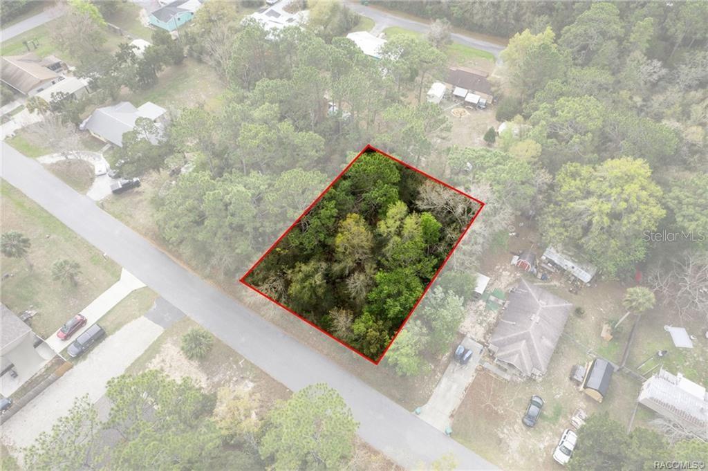 An aerial view shows a rectangular, wooded vacant lot outlined in red along a road — 7654 W SUNBURST LANE, HOMOSASSA, FL