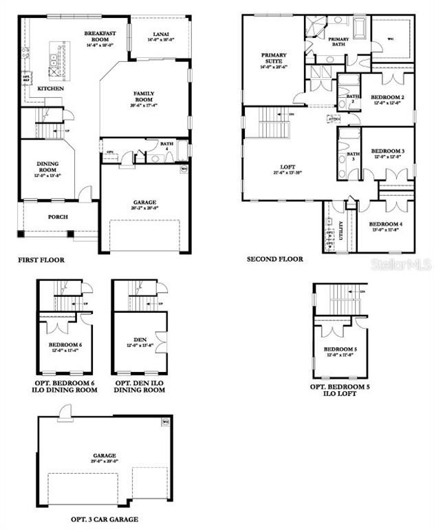 This image shows floor plans for a two-story house with optional room and garage configurations — 607 N MATANZAS AVENUE, TAMPA, FL