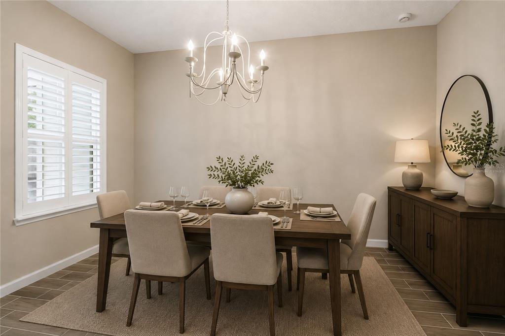 A dining room features a wooden table, six upholstered chairs, a chandelier, and a sideboard — 1680 POTTSBURG POINT DRIVE, JACKSONVILLE, FL