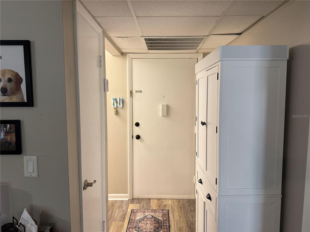 A white front door stands at the end of a hallway with wood-look flooring — 14130 ROSEMARY LANE UNIT 3118, LARGO, FL