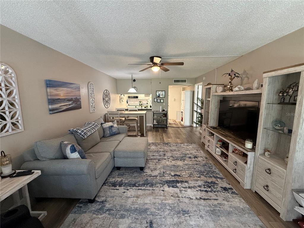 A living room features a gray sectional sofa, a large area rug, and a media console — 14130 ROSEMARY LANE UNIT 3118, LARGO, FL