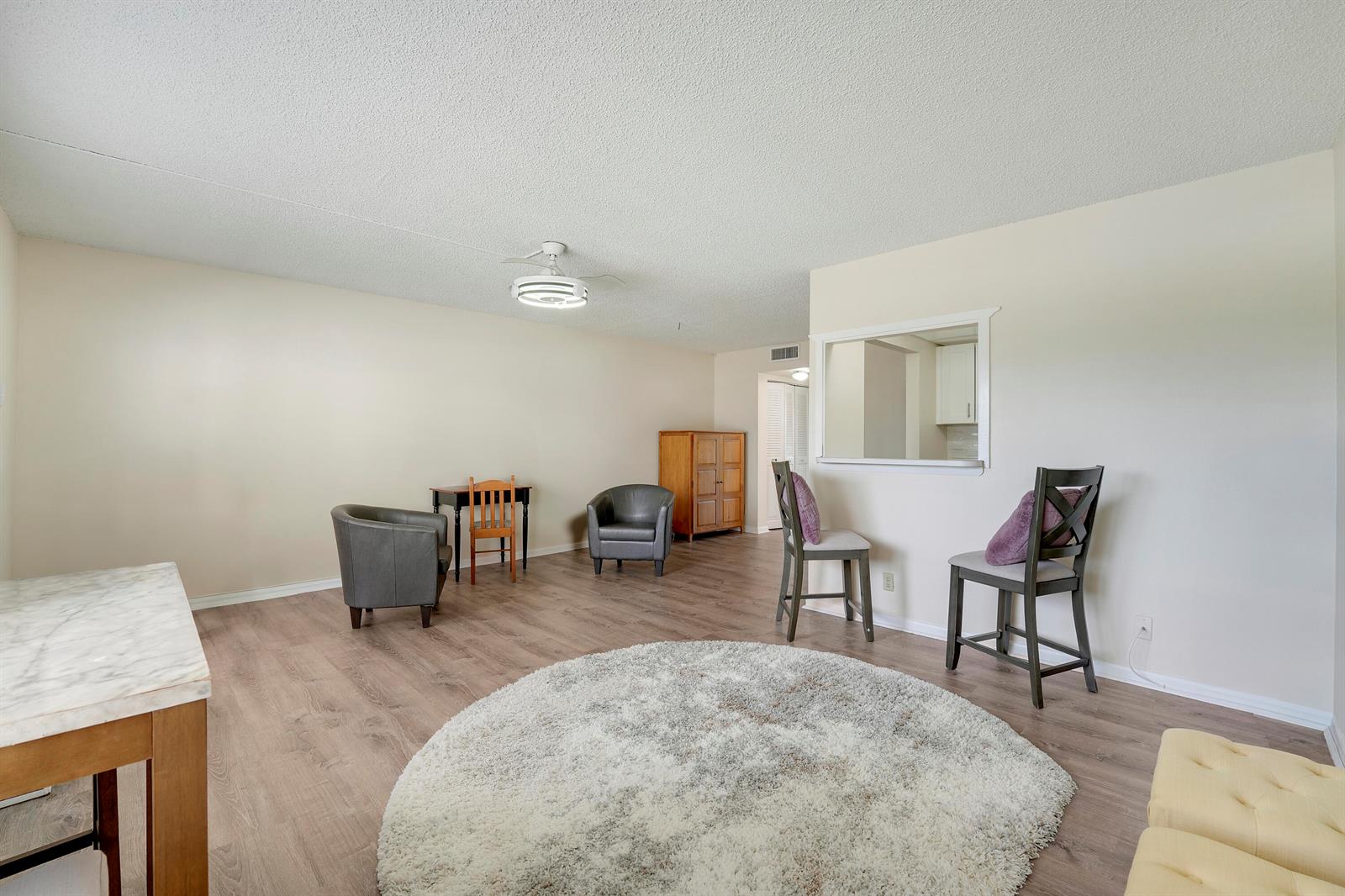A living room features wood-look flooring, a circular rug, and a pass-through window to the kitchen — 16 Mansfield A, Boca Raton FL 33434, BOCA RATON, FL