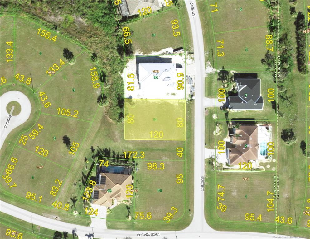 This is an aerial map showing residential property lot lines and dimensions — 17451 MEDILLIN COURT, PUNTA GORDA, FL
