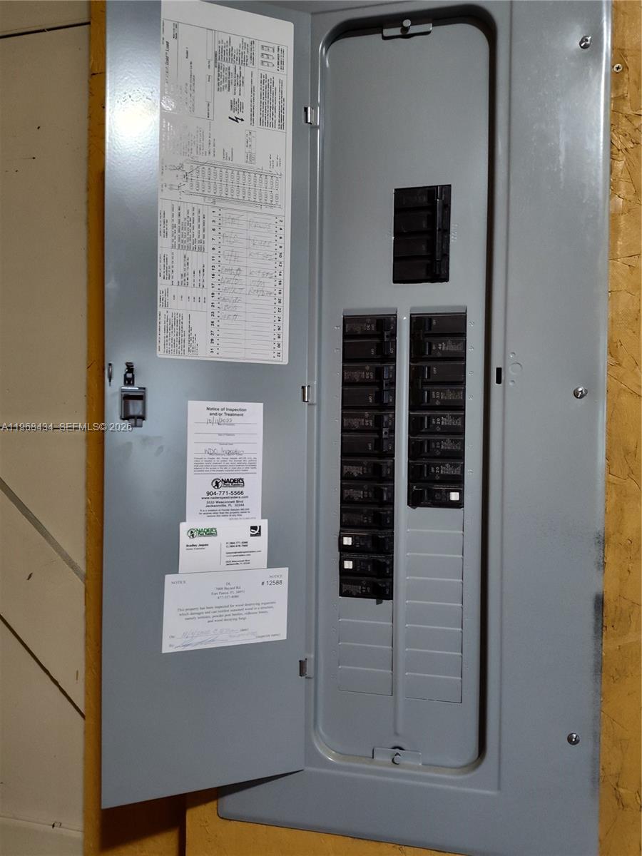 An open electrical breaker panel is mounted on a wooden wall — 1357 W 11TH, Jacksonville FL 32209, JACKSONVILLE, FL