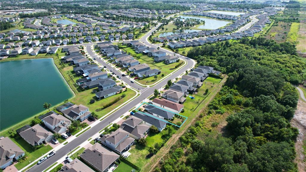 An aerial view shows a suburban neighborhood with a highlighted house bordering a wooded area — 11636 LITTLE RIVER WAY, PARRISH, FL