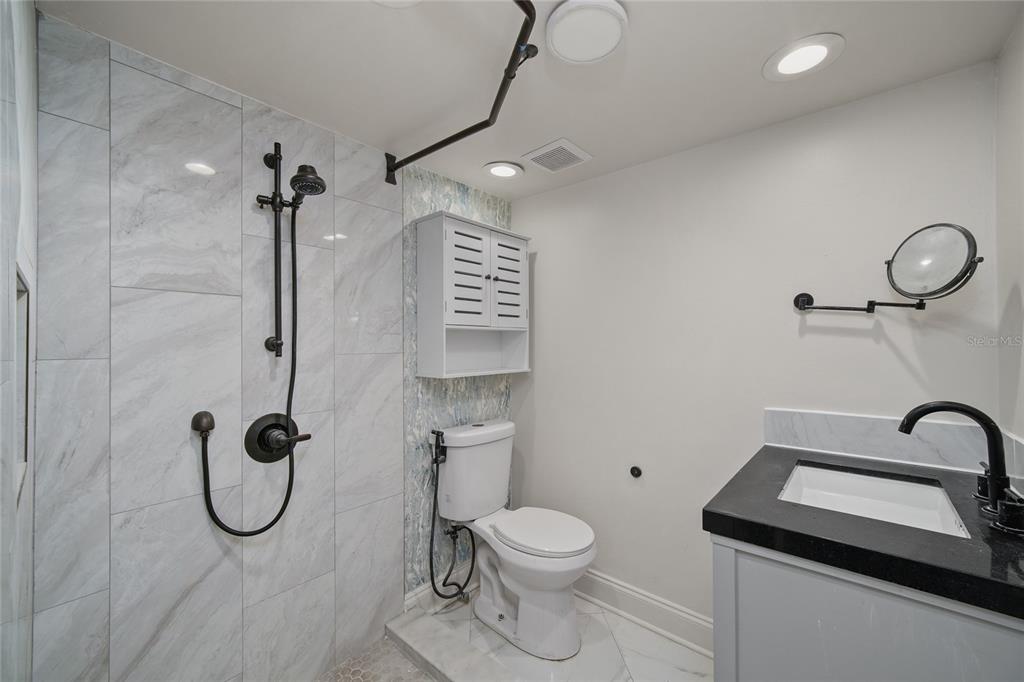 A bathroom features a walk-in shower with marble-look tile, a toilet, and a vanity — 4615 N HESPERIDES STREET, TAMPA, FL