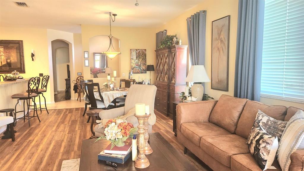 This living room features wood-look flooring, a brown sofa, and an adjacent dining area — 30114 EMMETTS COURT, WESLEY CHAPEL, FL