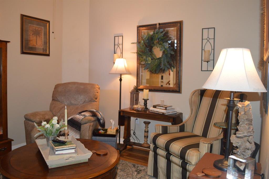 A living room features a recliner, a striped armchair, a coffee table, and a console table — 30114 EMMETTS COURT, WESLEY CHAPEL, FL