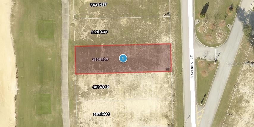 This is an aerial map showing a highlighted rectangular land parcel labeled 3836439 — 16241 RAVENNA COURT, BELLA COLLINA, FL