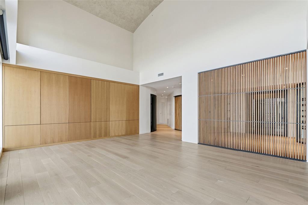 A minimalist room features light wood flooring, a paneled wall, and a vertical slat screen — 1209 E CUMBERLAND AVENUE UNIT 2902, TAMPA, FL