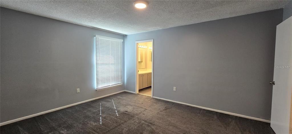 A bedroom with gray walls, dark carpeting, a window with blinds, and an attached bathroom — 512 ORANGE DRIVE UNIT 30, ALTAMONTE SPRINGS, FL