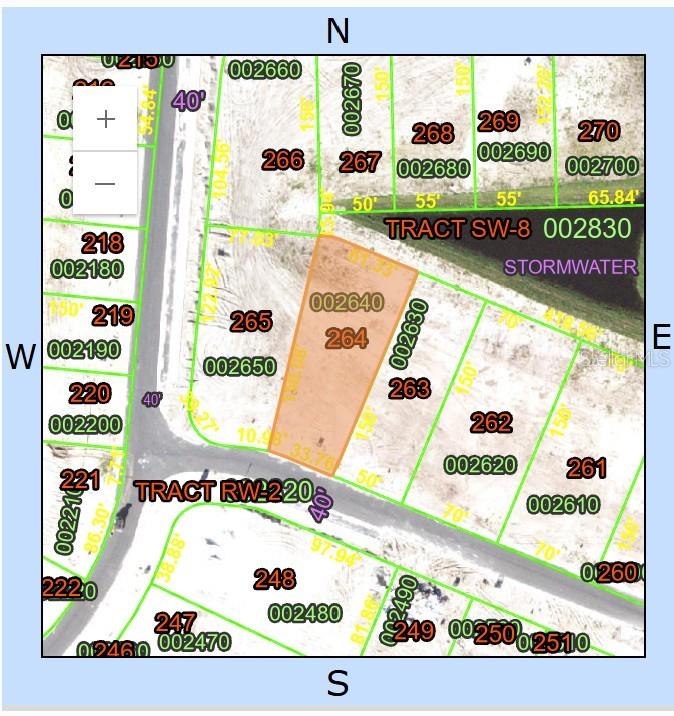 This is a property map showing a highlighted residential lot labeled 264 within a subdivision — 1407 BUTTERFLY MILKWEED COURT, DAVENPORT, FL