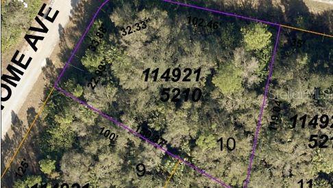 This is an aerial map view of a wooded residential lot with property boundary lines — NOME AVENUE, NORTH PORT, FL