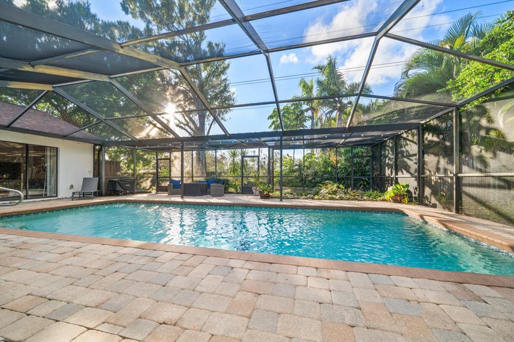 A rectangular swimming pool sits on a paved patio inside a screened-in pool enclosure — 3408 FAIRFIELD TRAIL, CLEARWATER, FL