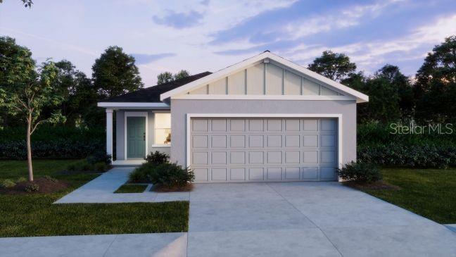 A digital rendering of a single-story house with a gray exterior and a two-car garage — 25153 CALUSA DRIVE, PUNTA GORDA, FL