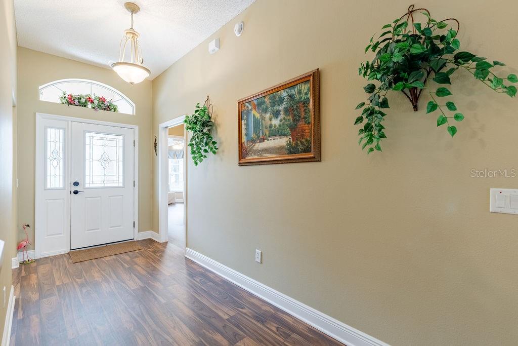 A bright entryway features wood-look flooring, a white front door, and wall-mounted decorative plants — 877 WINIFRED WAY, THE VILLAGES, FL