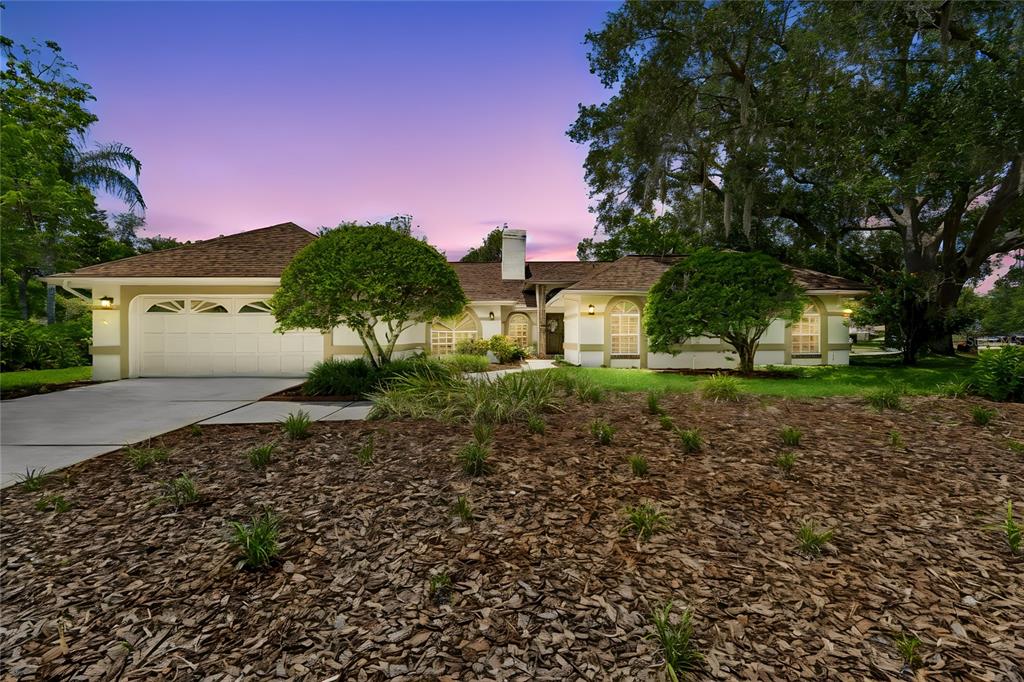 A concrete walkway leads to the front entrance of a single-story beige stucco house — 18106 FAIRMEAD COURT, LUTZ, FL