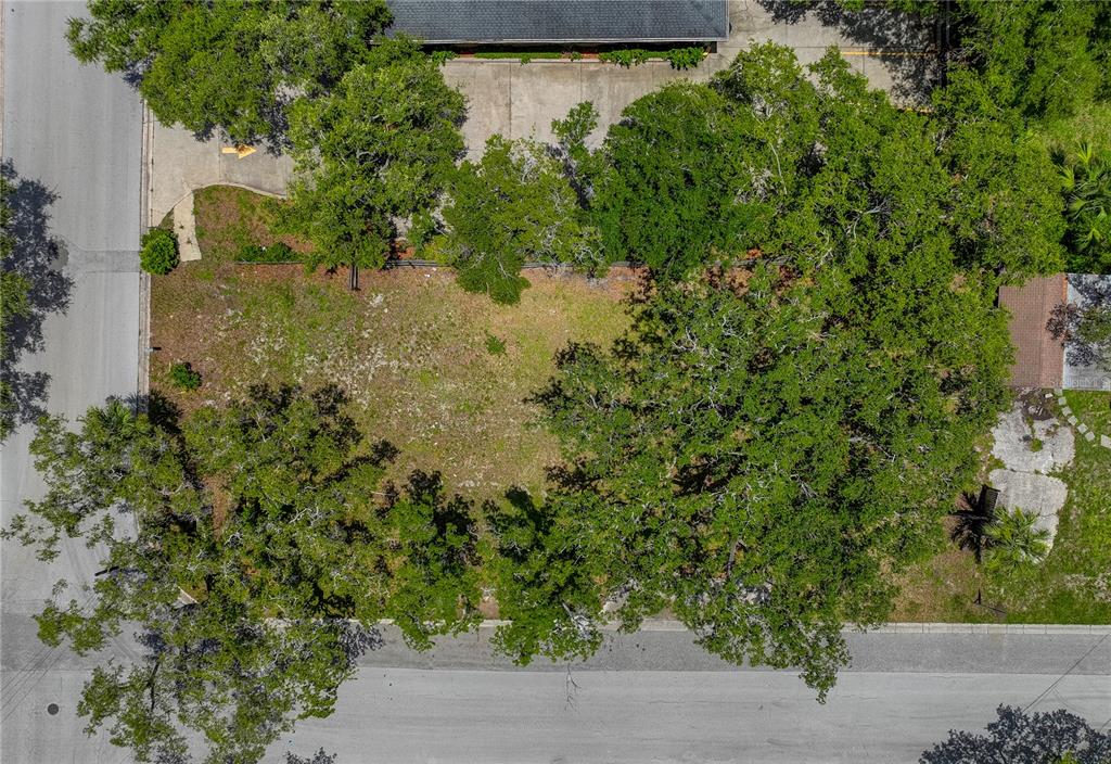 An aerial view shows a vacant, tree-covered rectangular lot situated between two paved roads — 1001 PINELLAS STREET, CLEARWATER, FL