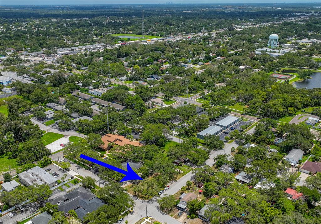 An aerial view shows a wooded residential lot marked by a blue arrow — 1001 PINELLAS STREET, CLEARWATER, FL