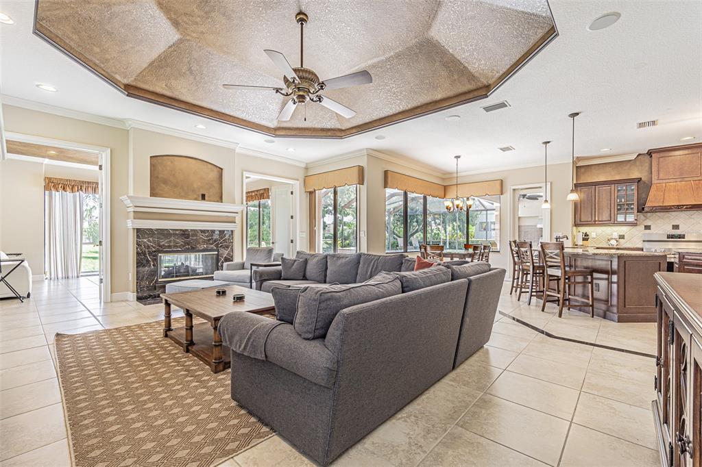 A spacious living room with a tray ceiling, fireplace, and an open-concept kitchen — 20411 LACE CASCADE ROAD, LAND O LAKES, FL