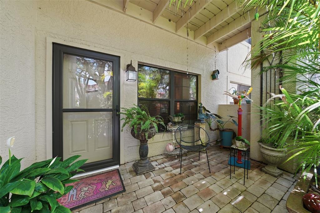 A paved patio area features a front door, a window, and various potted plants — 328 LOS PRADOS DRIVE UNIT 328, SAFETY HARBOR, FL