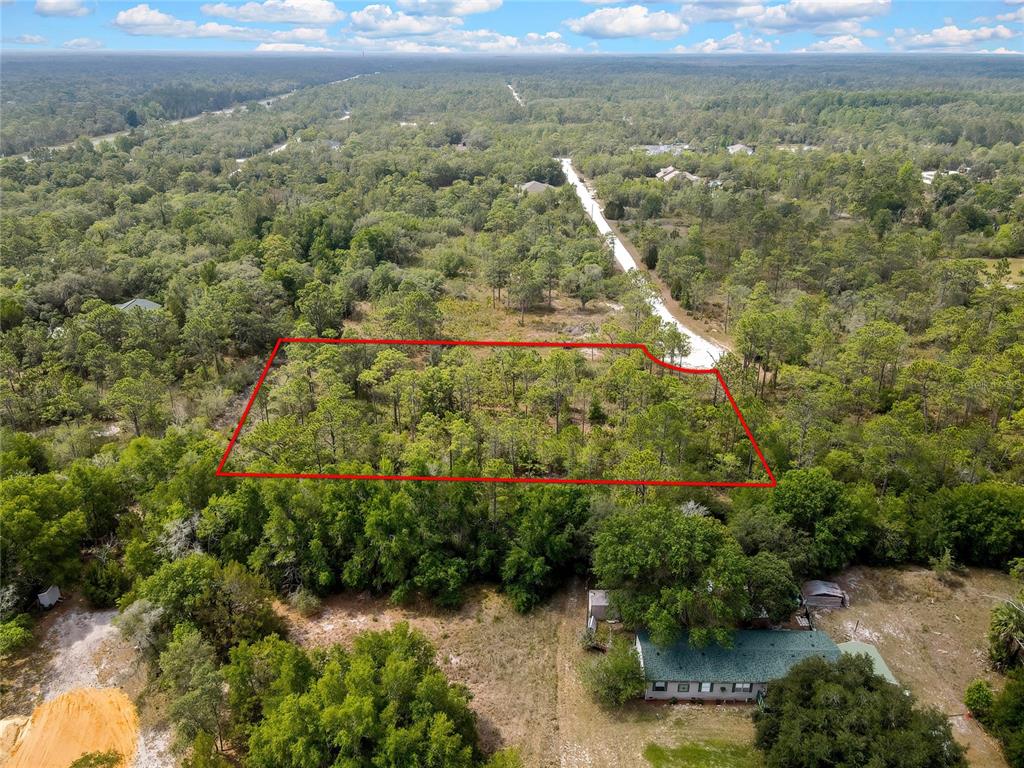 An aerial view shows a rectangular plot of land outlined in red amidst wooded terrain — PARALLEL ROAD, WEEKI WACHEE, FL