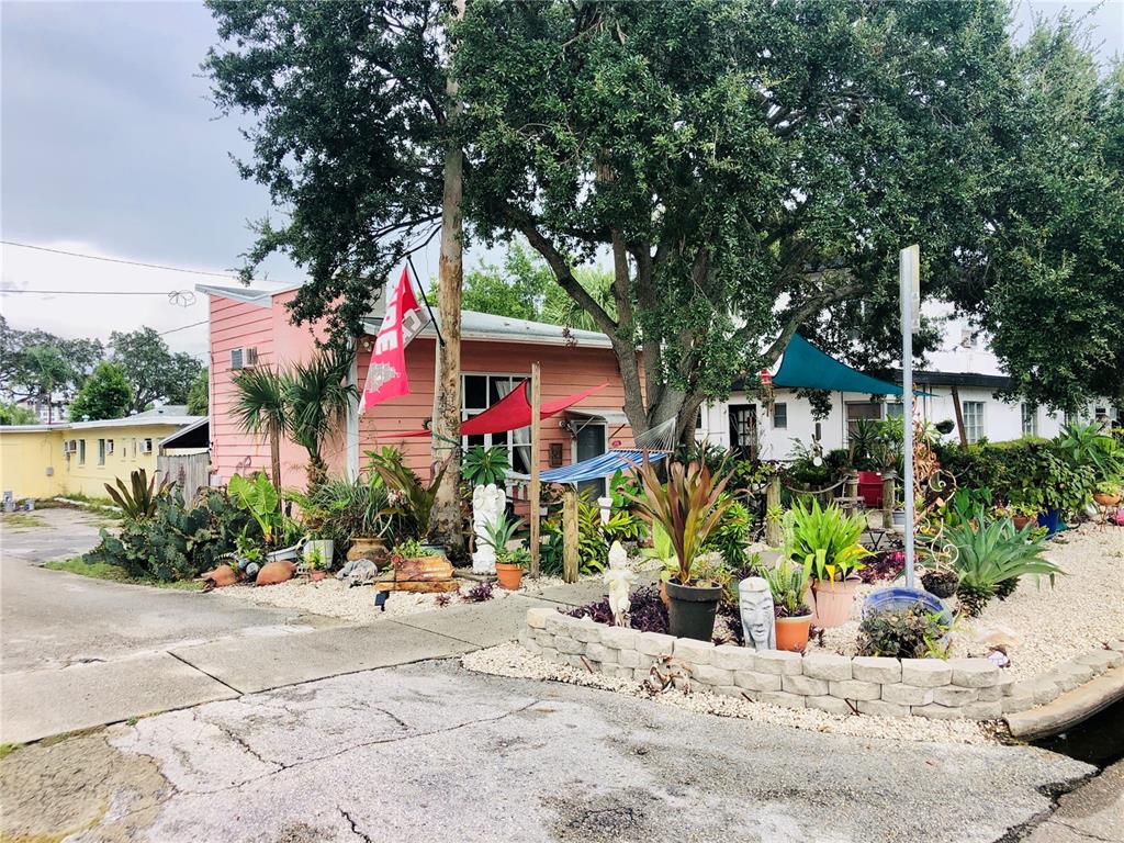A pink house with a landscaped front yard, a large tree, and a red flag — 416 PRINCESS STREET, CLEARWATER, FL