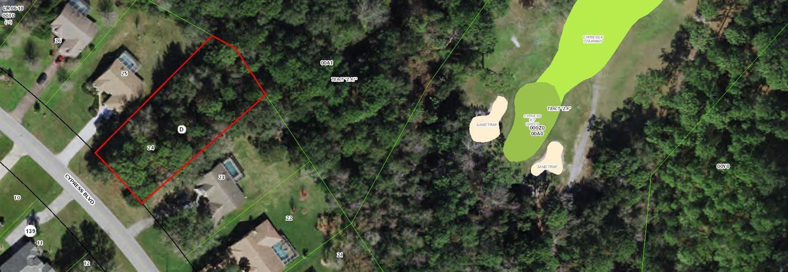 This is a map showing a residential lot outlined in red adjacent to a golf course — 84 Cypress Boulevard W, FL 34446, FL