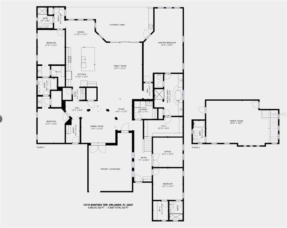 This is a floor plan showing a multi-bedroom house with a private courtyard and bonus room — 12735 BANTING TERRACE, ORLANDO, FL