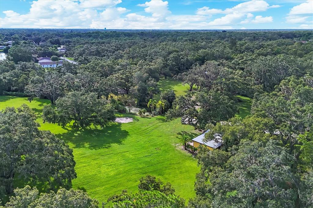 An aerial view shows a large grassy lawn surrounded by dense trees and a house — 3348 ALAMO LANE, SARASOTA, FL