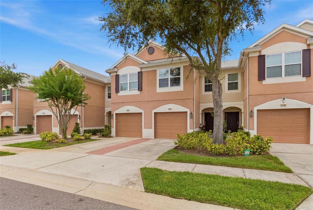 A row of two-story townhomes with tan stucco facades, brown garage doors, and front landscaping — 26531 CHIMNEY SPIRE LANE, WESLEY CHAPEL, FL