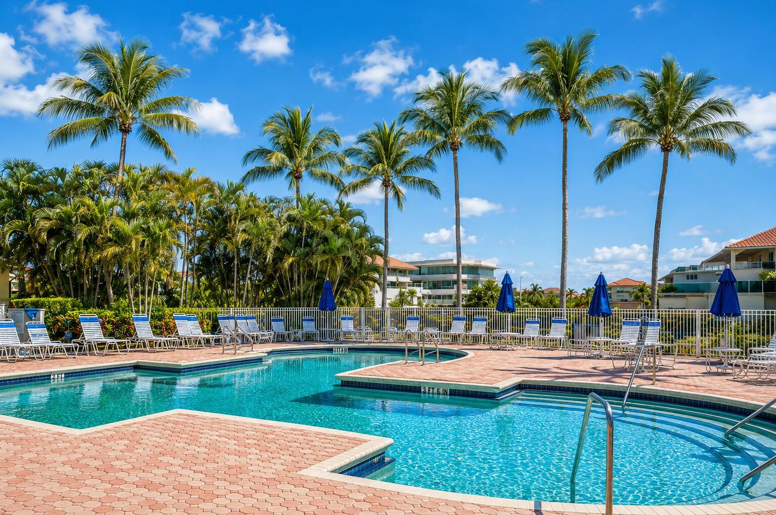 A swimming pool with lounge chairs and palm trees under a bright blue sky — 6566 Via Regina # 6566, Boca Raton FL 33433, BOCA RATON, FL