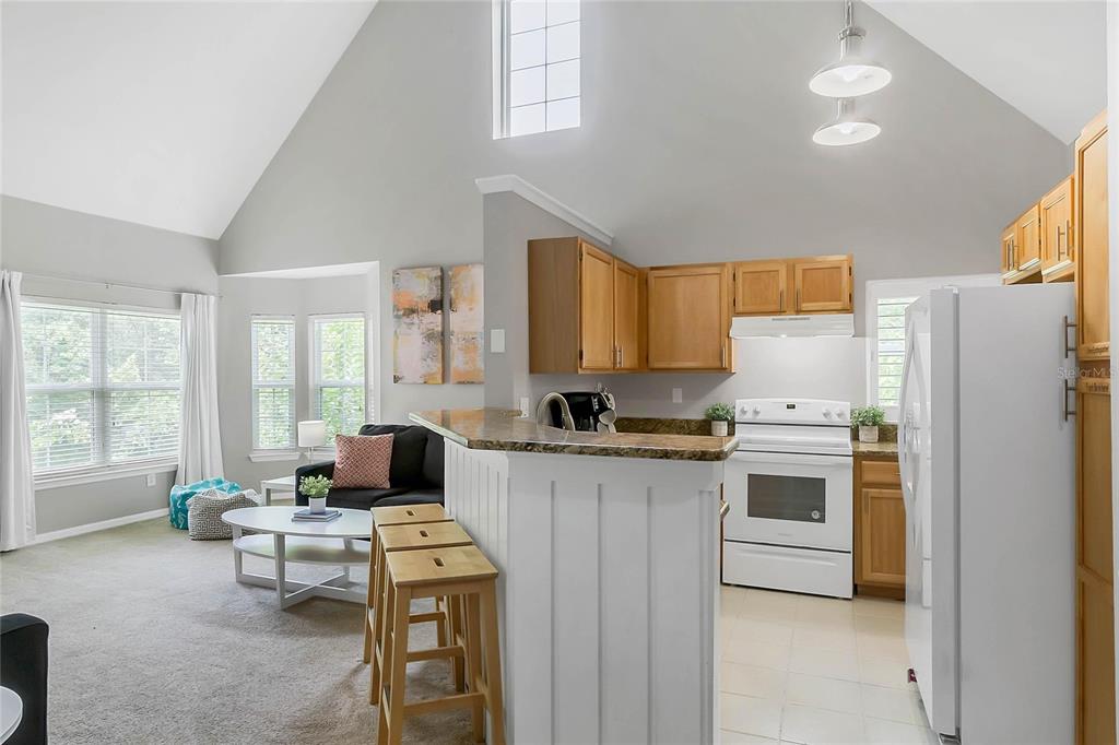 An open-concept kitchen with wood cabinets and a breakfast bar overlooks a carpeted living area — 3017 BONFIRE BEACH DRIVE UNIT 203, KISSIMMEE, FL