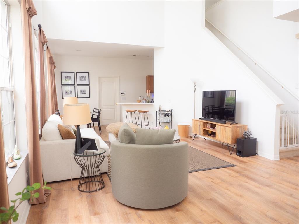 A bright living room features light wood flooring, a white sofa, and a television console — 20065 HERITAGE POINT DRIVE, TAMPA, FL