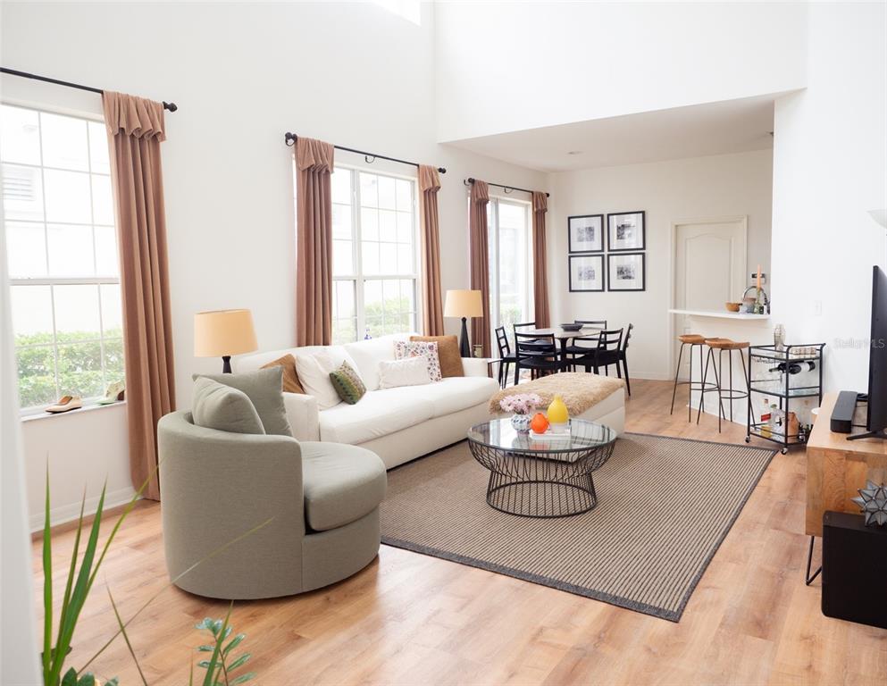A bright living room features a white sofa, a round chair, and a dining area — 20065 HERITAGE POINT DRIVE, TAMPA, FL