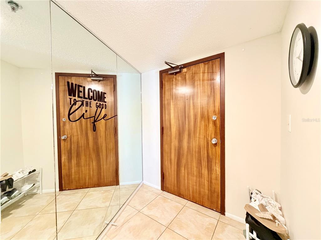 An entryway features a tiled floor, a mirrored wall, and a wood-grain door — 7430 SUNSHINE SKYWAY LANE S UNIT 501, ST PETERSBURG, FL