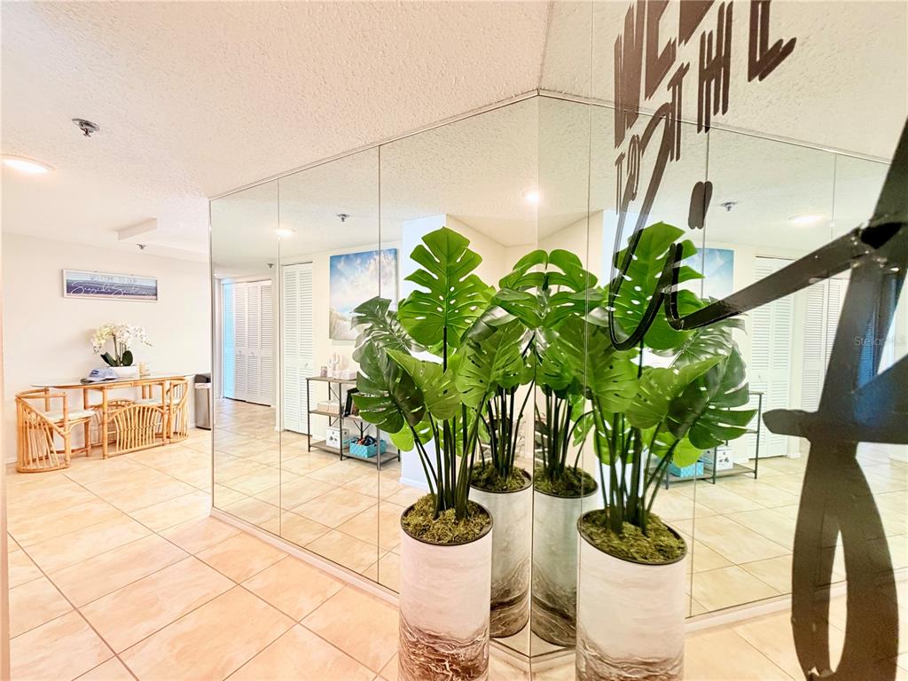 A tiled entryway features a large potted plant in front of a mirrored accent wall — 7430 SUNSHINE SKYWAY LANE S UNIT 501, ST PETERSBURG, FL