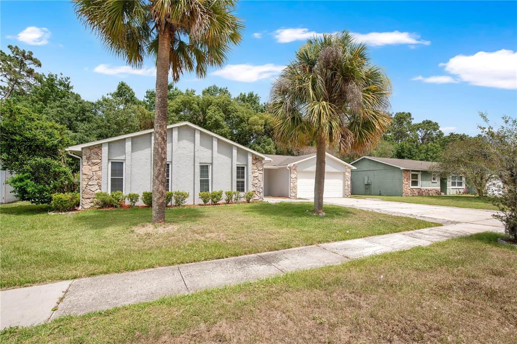 A single-story house with a light gray exterior, stone accents, and two palm trees — 427 ELKWOOD LANE, ORLANDO, FL