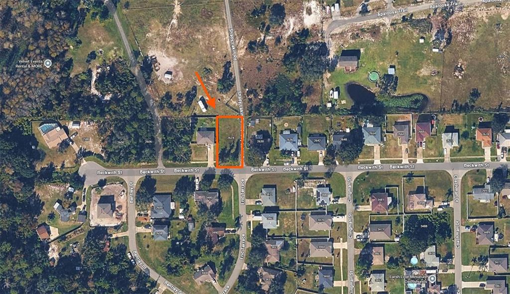 This aerial map shows a vacant rectangular residential lot highlighted in orange on a street — 2624 BECKWITH STREET, DELTONA, FL