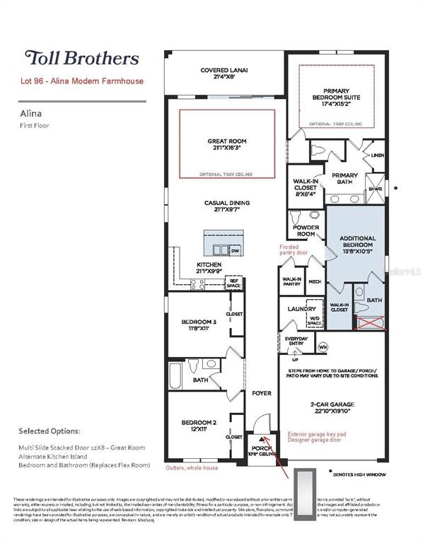 This is a floor plan for the first level of a Toll Brothers Alina model home — 1551 RIDGEBACK LANE, APOPKA, FL