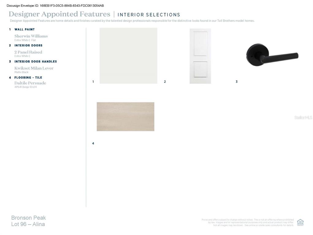 This document displays interior design selections including wall paint, doors, hardware, and floor tile — 1551 RIDGEBACK LANE, APOPKA, FL