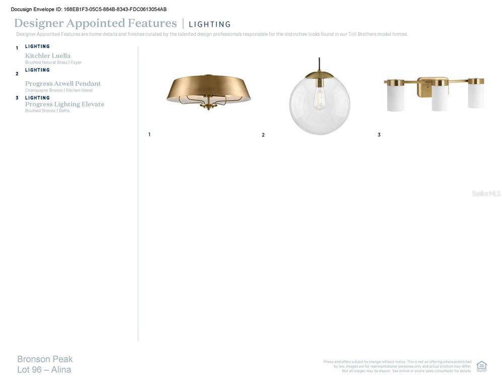 This document displays three lighting fixtures with their names and intended room locations — 1551 RIDGEBACK LANE, APOPKA, FL