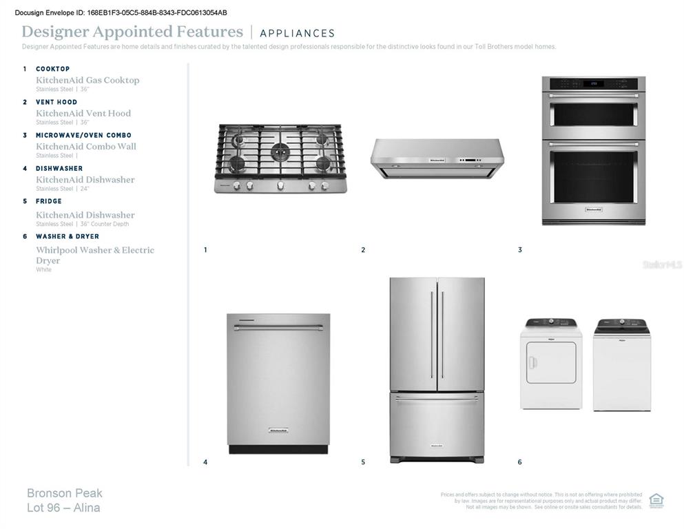 This document displays a list and images of KitchenAid and Whirlpool kitchen and laundry appliances — 1551 RIDGEBACK LANE, APOPKA, FL